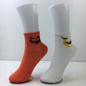 Womens Crew Socks Set 2 Jack-o-Lantern Moon Bats print Orange White Black Yellow
